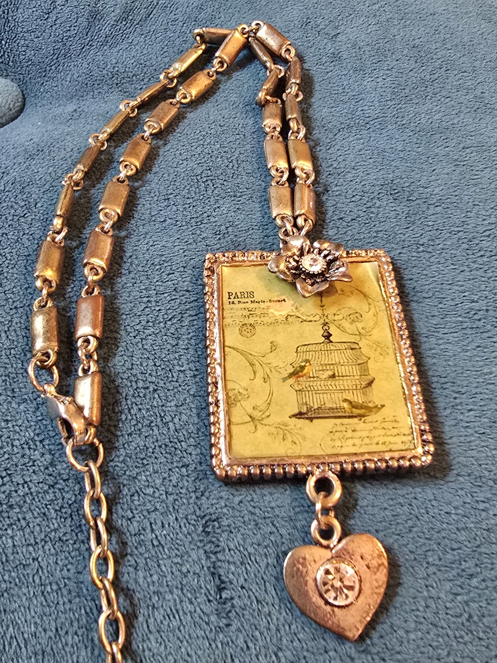 Vintage-Inspired Gold Tone Birdcage Pendant 2.75"Necklace 10" with Heart Charm